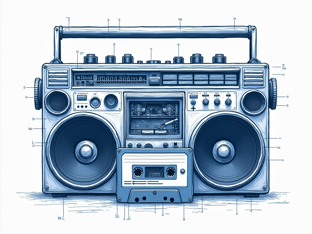 A blueprint-style or schematic drawing of a boombox and a cassette tape, highlighting their internal components with callouts, emphasizing the 'analog tech' aspect with a clean, retro-futuristic look.