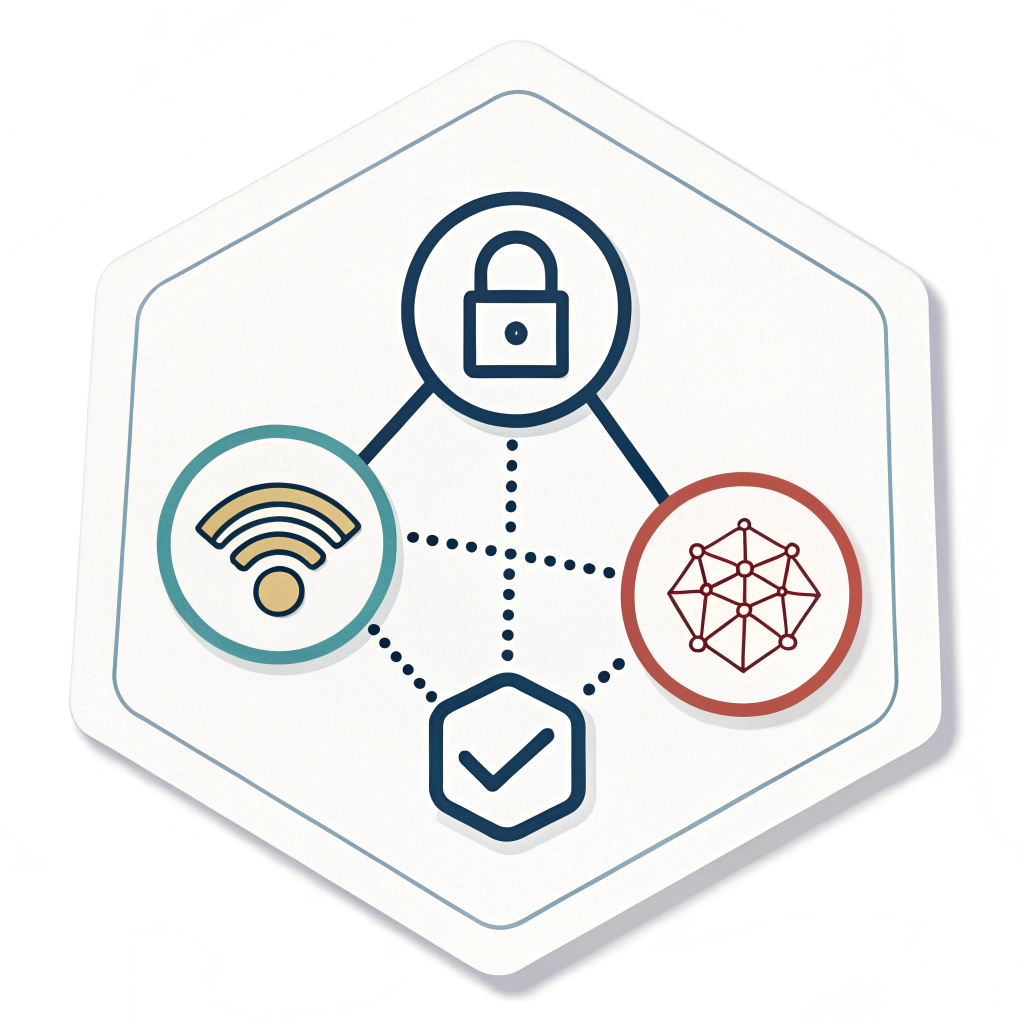 Simple Icon Idea: A stylized, minimalist icon showing a central hexagonal node with three distinct lines radiating outwards. One line connects to a smaller circle (another node), another transforms into a subtle representation of a lock, and the third line is slightly thicker, implying a fortified connection.