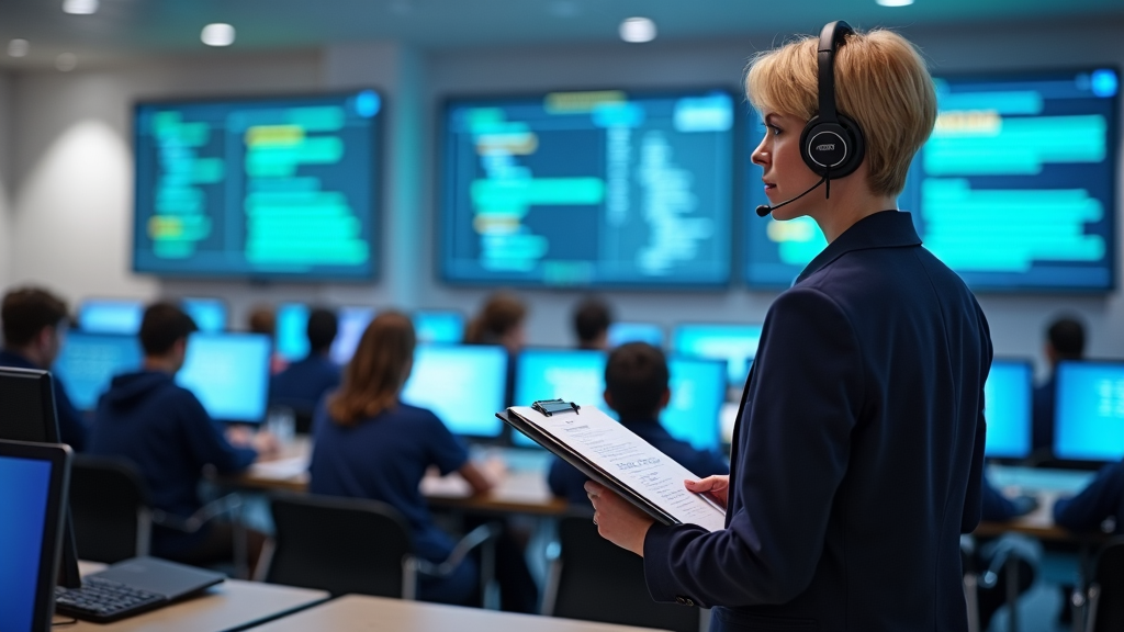 In a tech-advanced classroom, a teacher with a headset and clipboard oversees a student's programming project. Computer screens light up with coding exercises, indicating a deep dive into technology.