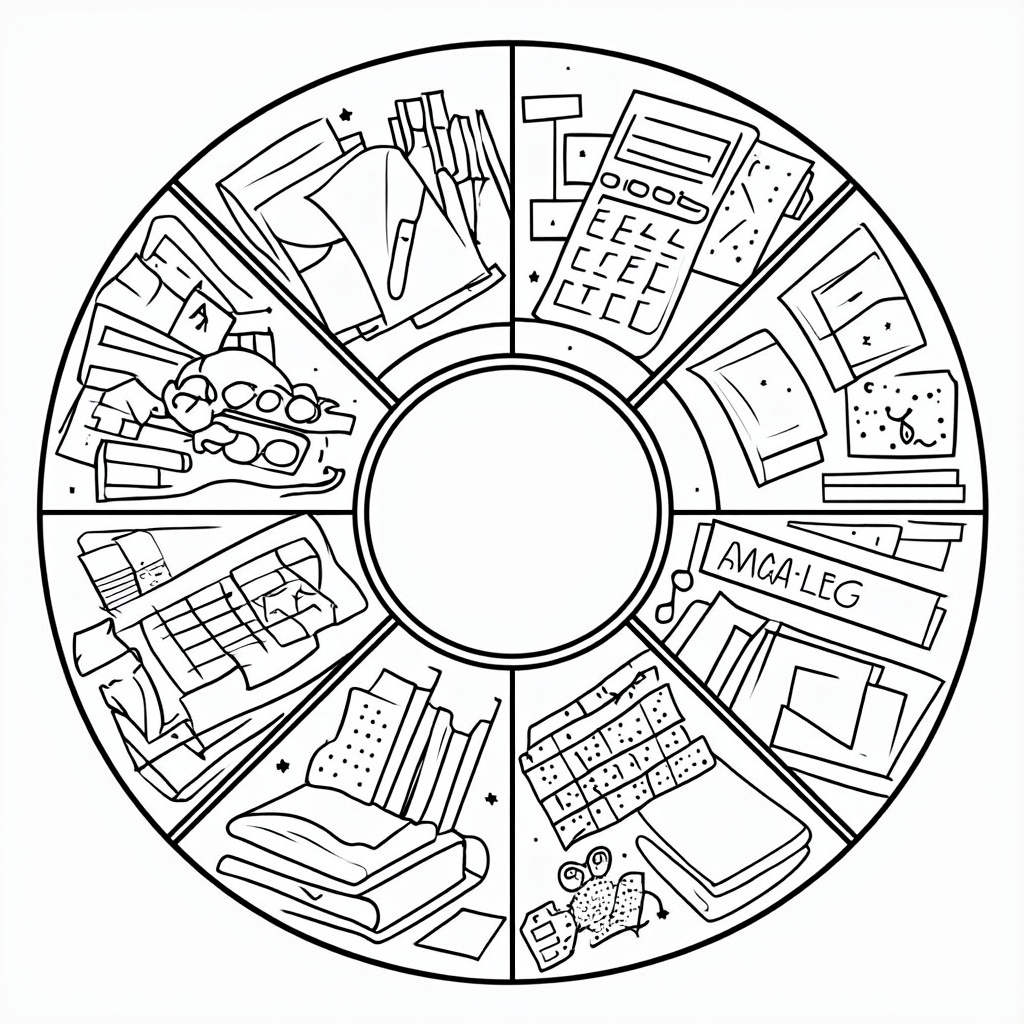 A 'School Day Cycle' mandala where different segments represent different parts of learning or subjects. One segment could feature art supplies (brushes, paint tubes), another math tools (calculators, graph paper patterns), another reading (books, bookmarks), all arranged in a harmonious, circular pattern.