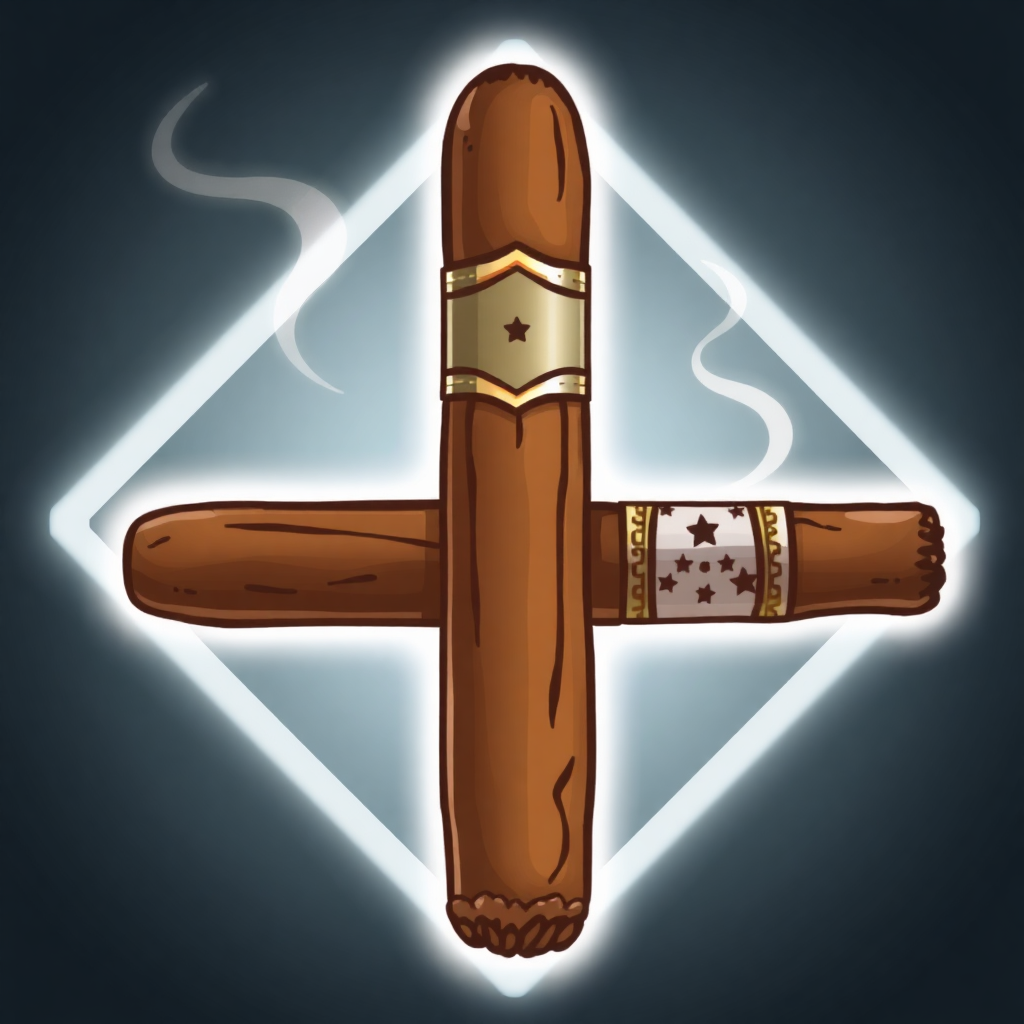 The image is a digital illustration of a cigar in the shape of a triangle. The cigar is brown in color and has a gold-colored band around the middle with a star design. The band is decorated with small white stars. The background is black, and there is a white smoke trail coming out of the cigar. The overall design is simple and cartoon-like.