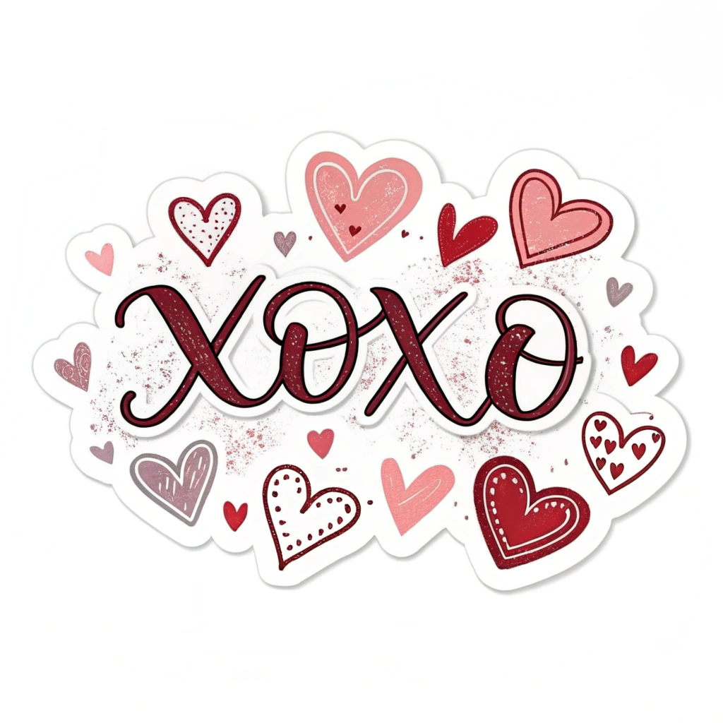 A sticker with the text 'XOXO' in a playful, handwritten font, surrounded by small, cute hearts in varying shades of pink and red.