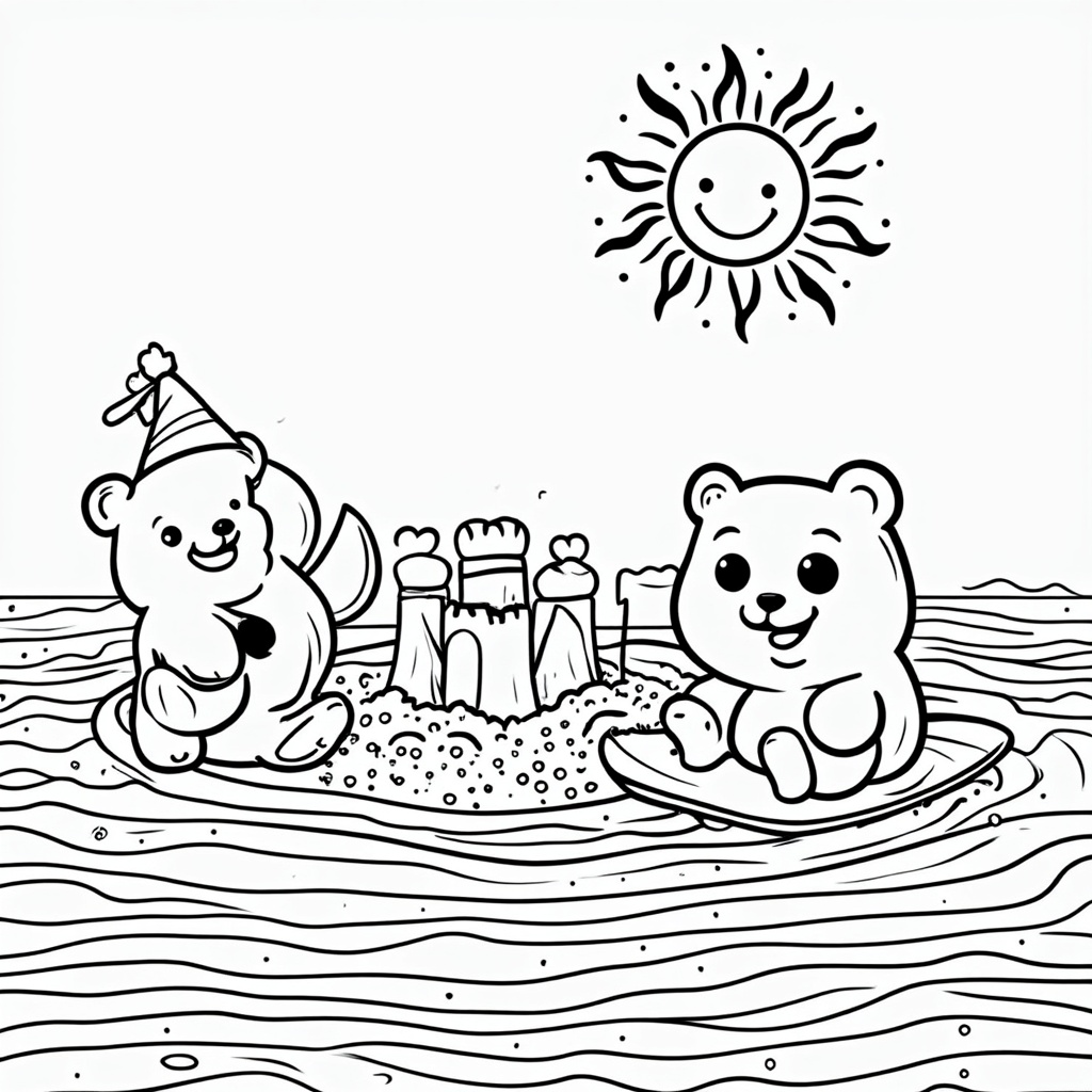Summer: Gummy bears having a beach party, building gummy sandcastles, and surfing on gummy waves under a smiling gummy sun.