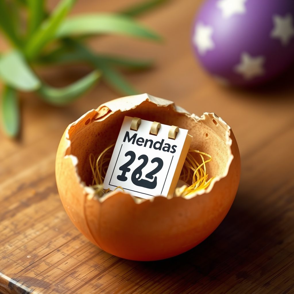 An icon with a cracked Easter egg revealing a tiny calendar page marked with 'Monday'