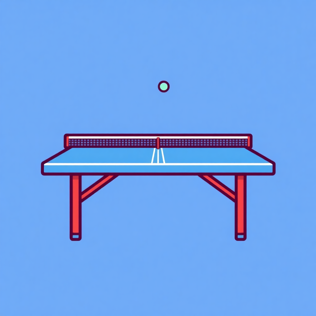 The image is an illustration of a ping pong table. The table is rectangular in shape with a blue top and red legs. On top of the table, there is a red net with a red ball in the center. The background is a solid light blue color. The image is simple and minimalistic, with no other elements or decorations.