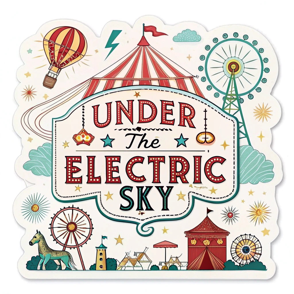 Retro Carnival Anthem Poster: Sticker designed as a mini retro carnival poster, featuring a key festival motto (e.g., 'Under The Electric Sky') in vintage-inspired typography, but illuminated with modern neon effects and colors.