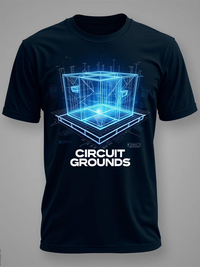 T-Shirt Design 2: An abstract geometric blueprint-style rendering of the Circuit Grounds stage architecture, featuring glowing lines and highlighted key structural shapes. 'Circuit Grounds' text in a minimalist, technical font beneath the design.