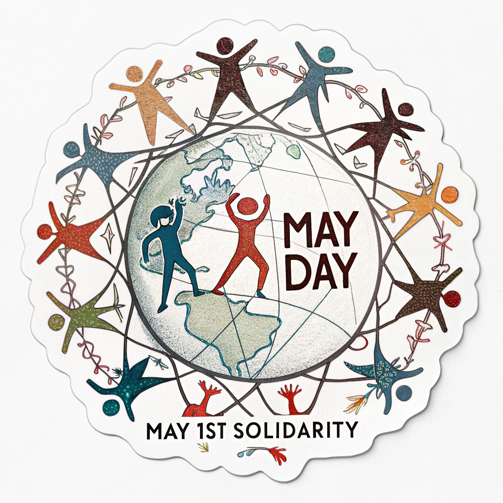 Sub-design 3 (Abstract Interconnected Globe): A stylized globe design using interconnected lines, dots, or abstract human figures holding hands across continents to represent a global network of solidarity. 'May Day' or 'May 1st Solidarity' text integrated tastefully.