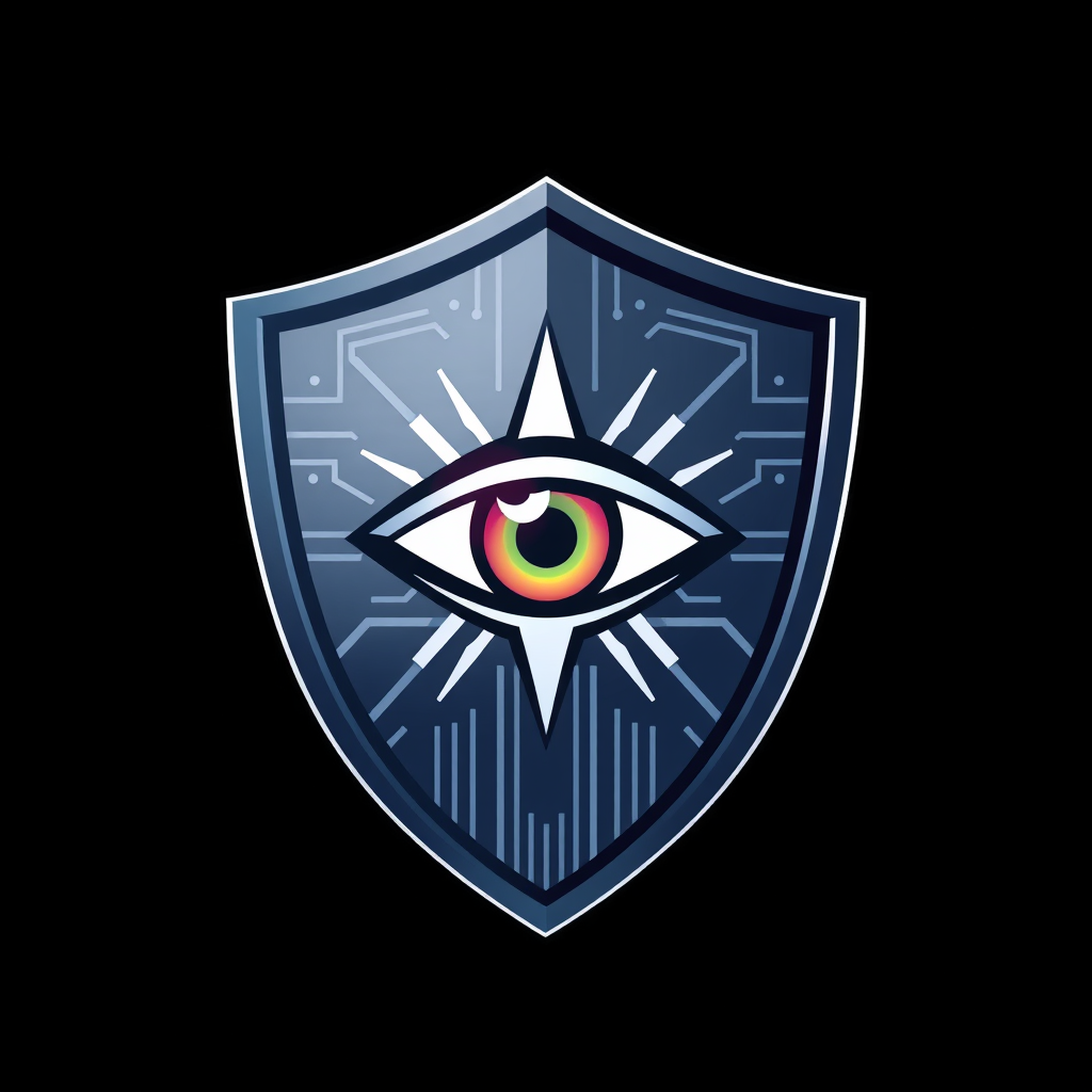 Shielded Sentinel Eye: A modern, angular shield icon with a vigilant, sharply designed eye at its center. The shield's surface features digital patterns or abstracted circuit lines, representing technological protection.