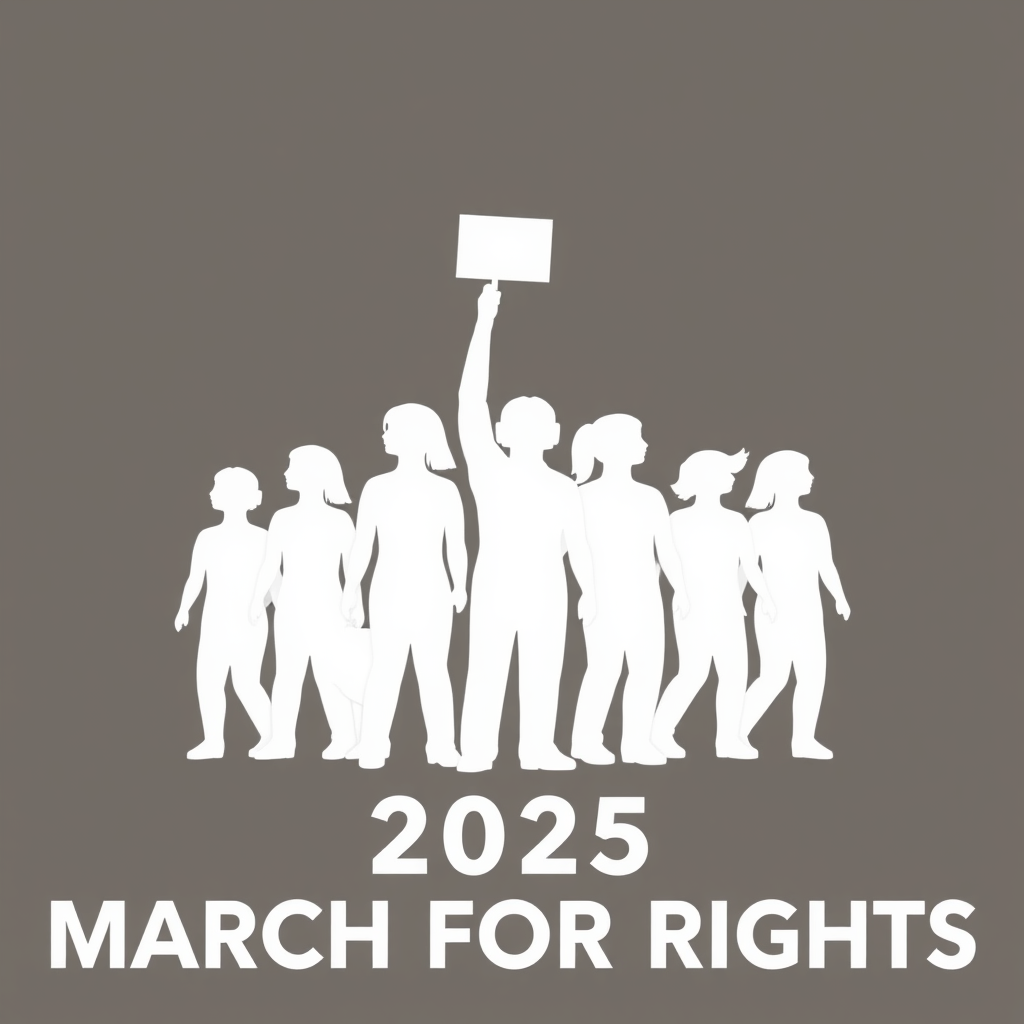 Multiple stylized human silhouettes appearing to rise and move forward, growing in size and definition to symbolize empowerment and collective progress for the 2025 March for Rights.