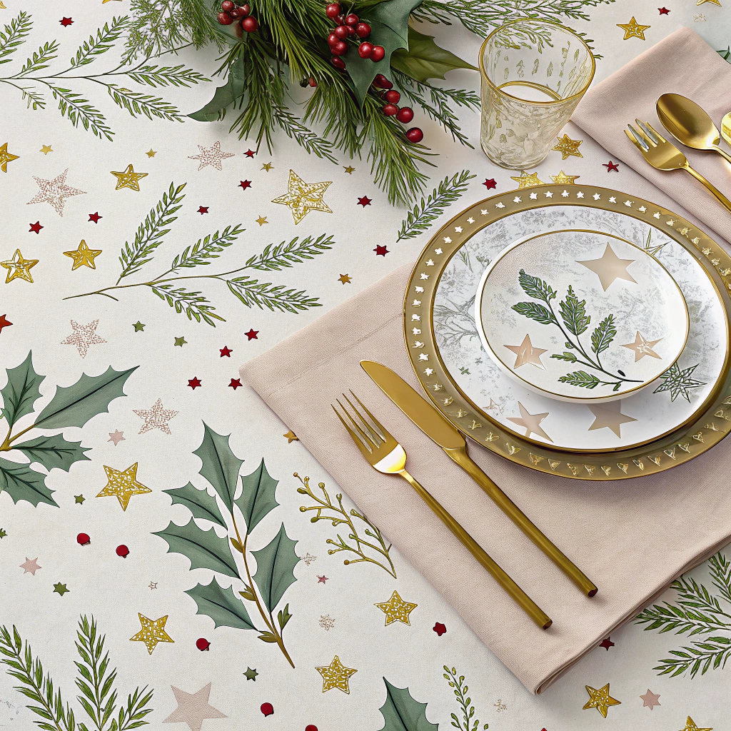 A table setting decorated for Christmas with patterned tablecloth featuring mistletoe and stars, surrounded by matching napkins and sparkling gold cutlery.