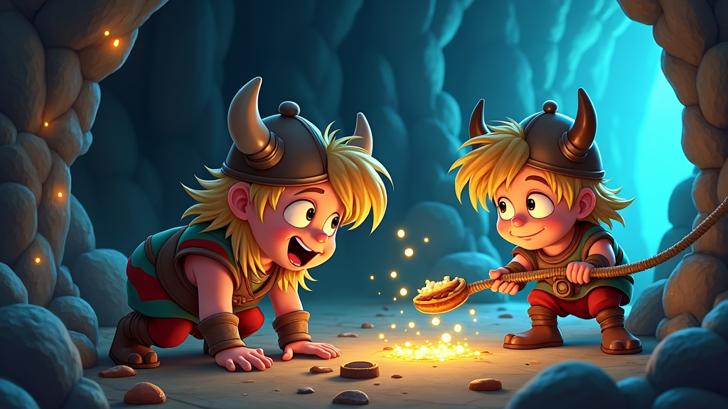 A cartoon scene of young Viking kids accidentally setting off a series of silly traps while exploring a cave.