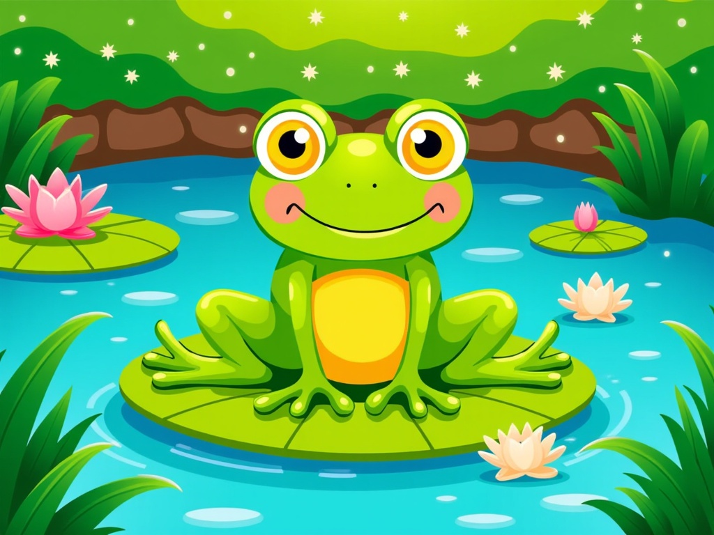 The image is a cartoon illustration of a green frog sitting on a lily pad in a pond. The frog has big, round eyes and a big smile on its face. It is sitting on the edge of the pond with its legs stretched out in front of it. The pond is surrounded by lily pads and there are pink water lilies floating on the surface. In the background, there is a green landscape with trees and bushes. The sky is blue with white stars scattered across it.