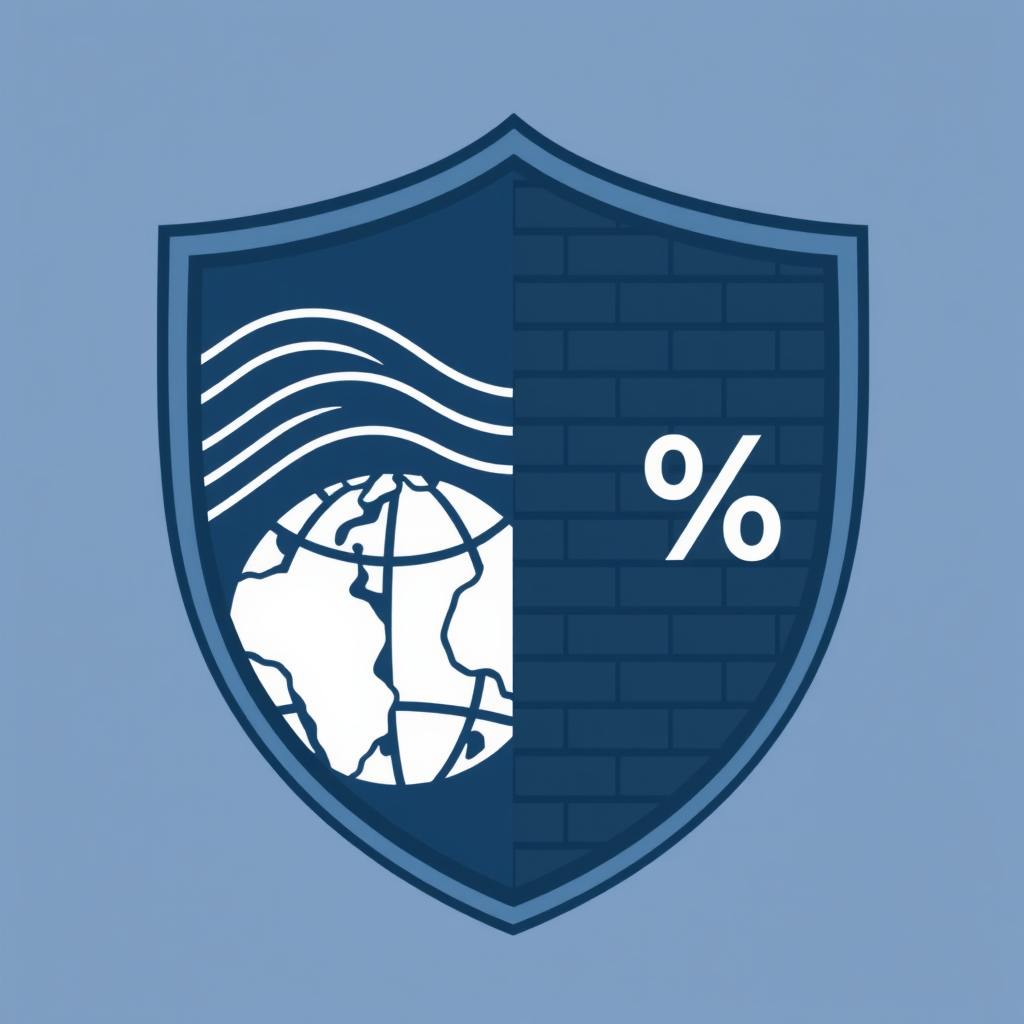 Abstract shield of trade: A shield icon split into two halves. One half shows flowing, open lines representing free trade over a globe segment. The other half shows these lines constricted or blocked by a pattern symbolizing a barrier (e.g., bricks, crosshatch) with an integrated '%' symbol.