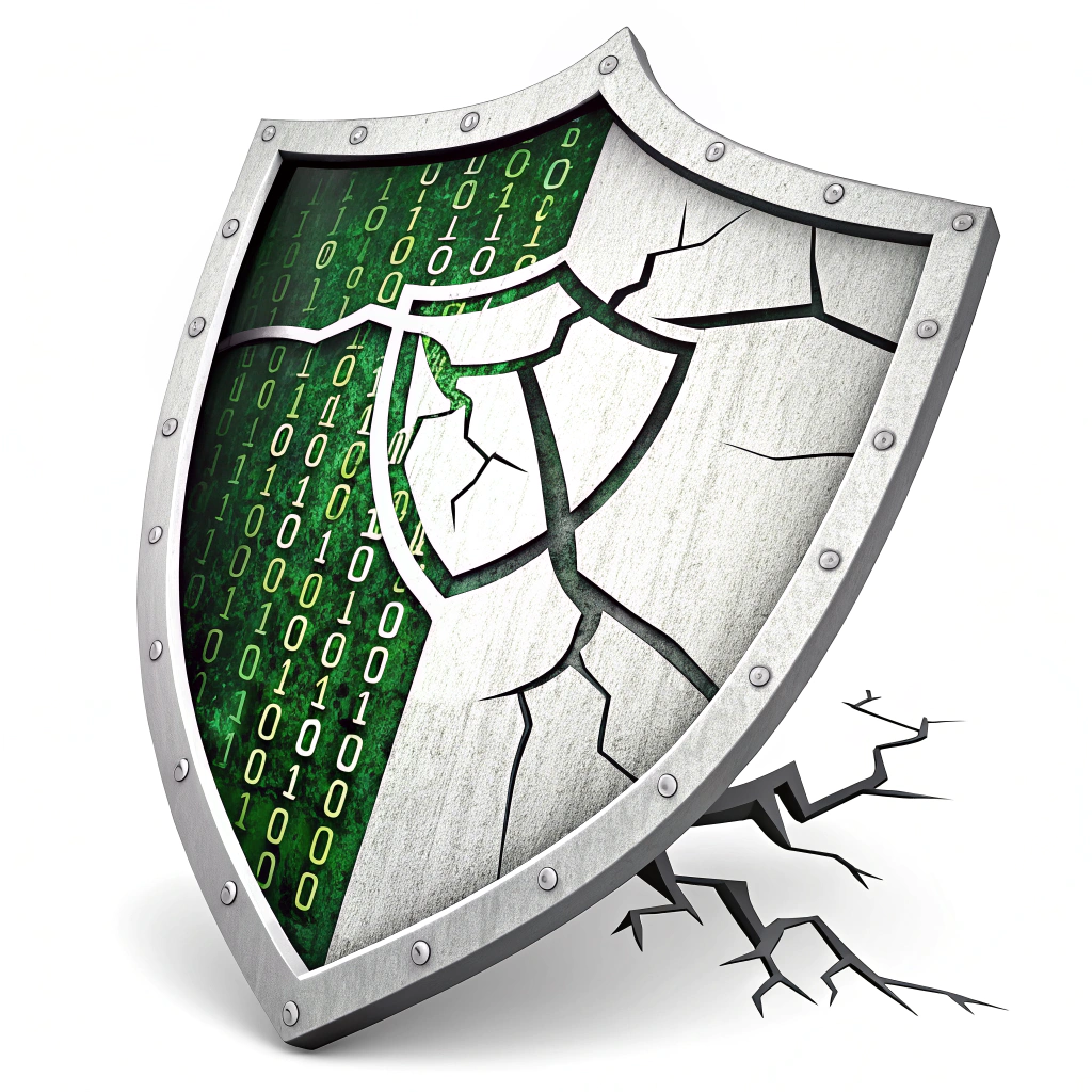 Fractured Digital Shield: A stylized shield symbolizing security, cracked and shattered on a black background. Green binary code seeps through the digital-looking fissures or appears on glitching fragments.