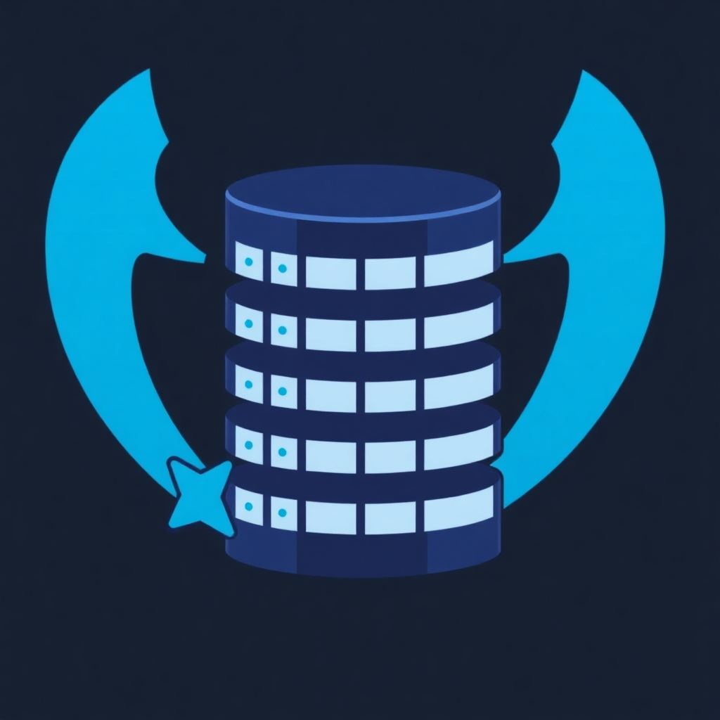 The image is an illustration of a blue database server. The server is in the center of the image and is surrounded by two curved blue arrows. The arrows are pointing towards the server, indicating that it is ready to be used. The background is black, making the blue color of the server stand out. The image has a modern and minimalist design.