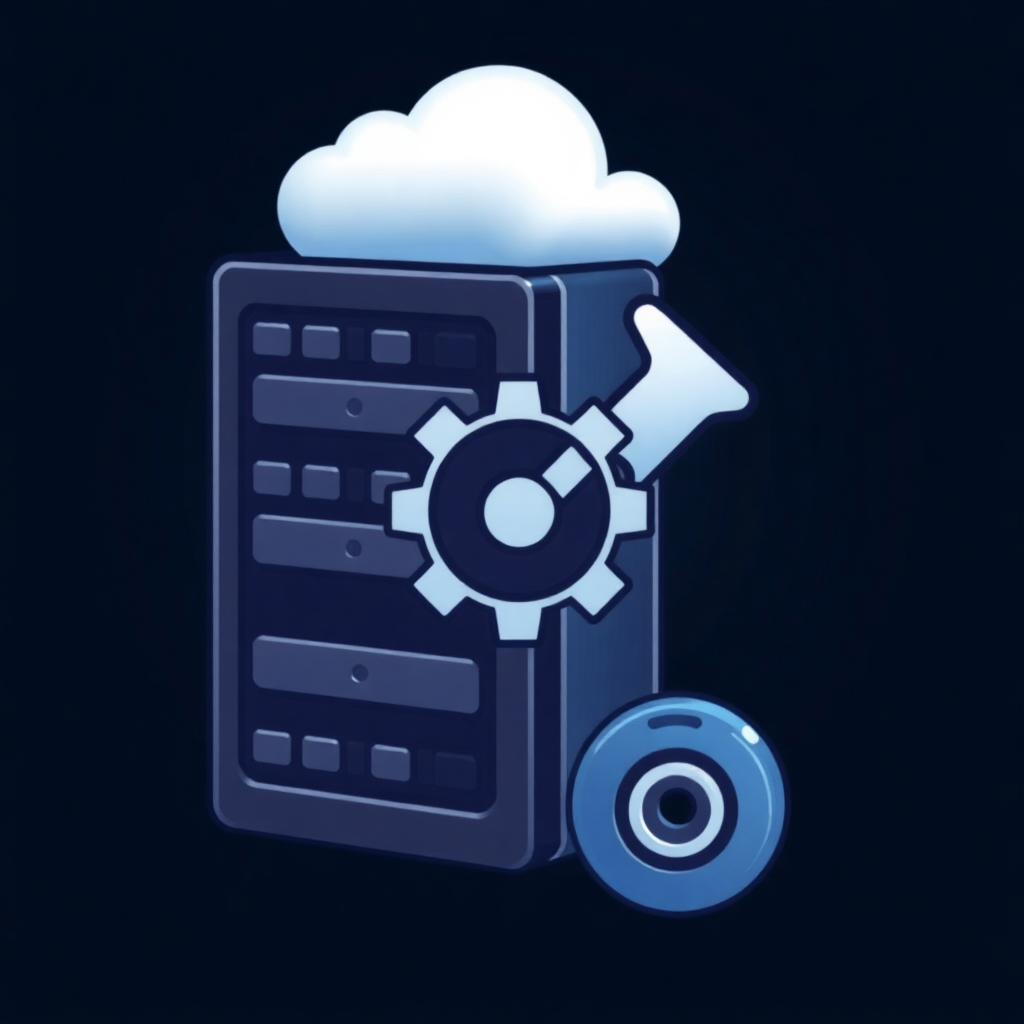 The image is a digital illustration of a server with a cloud on top of it. The server is black in color and has multiple rows of buttons on the front panel. On top of the server, there is a white cloud with a gearwheel on the right side. The gearwheel is blue and appears to be floating above the server. The background is dark blue, making the server and cloud stand out. The overall design is simple and modern.