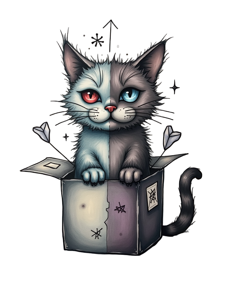 A stylized representation of Schrödinger's cat, where the cat is depicted in a state of both life and death simultaneously, possibly using ghostly outlines or split imagery, perhaps within an outline of its famous box and a Ψ symbol.