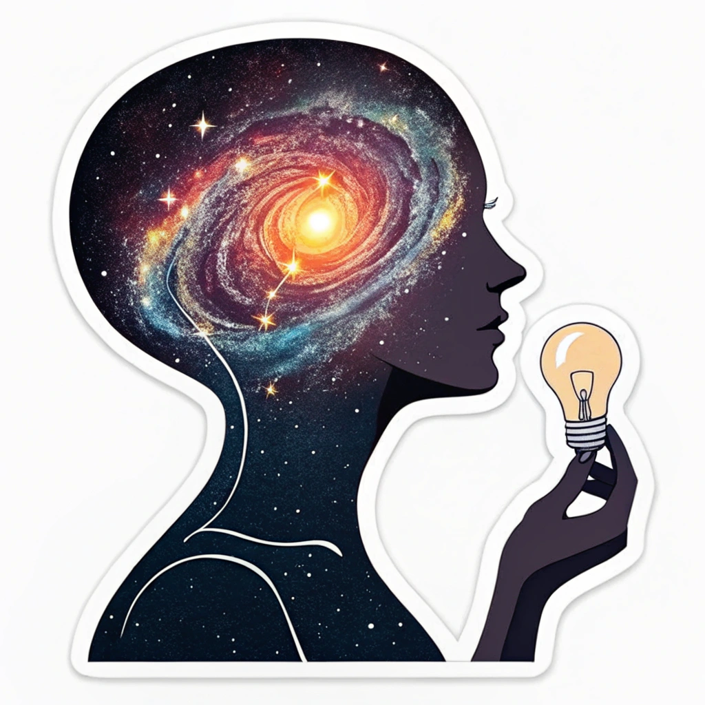 A stylized human silhouette with its head replaced by a swirling galaxy, holding a glowing orb representing an AI-generated thought.