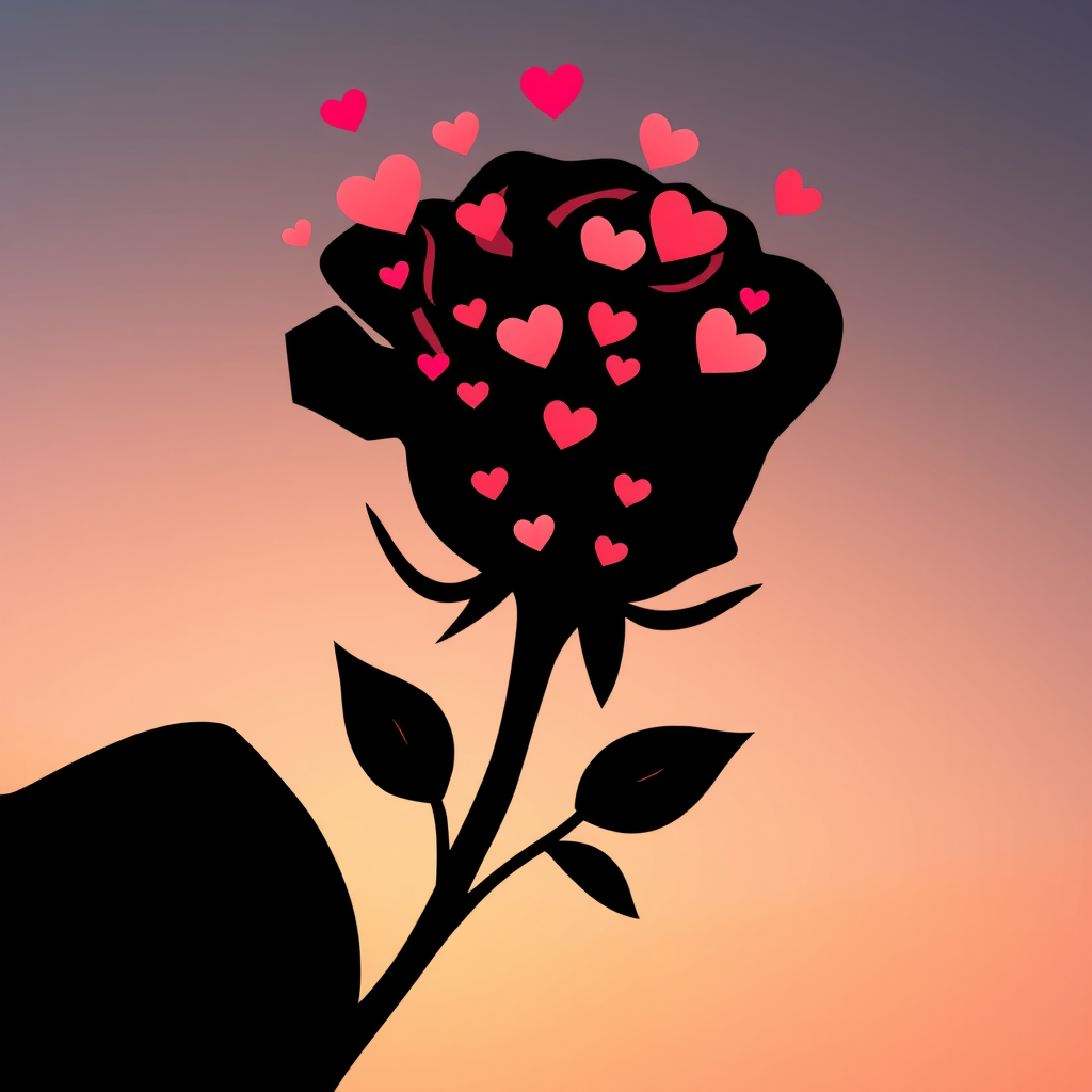 A rose silhouette filled with tiny hearts.