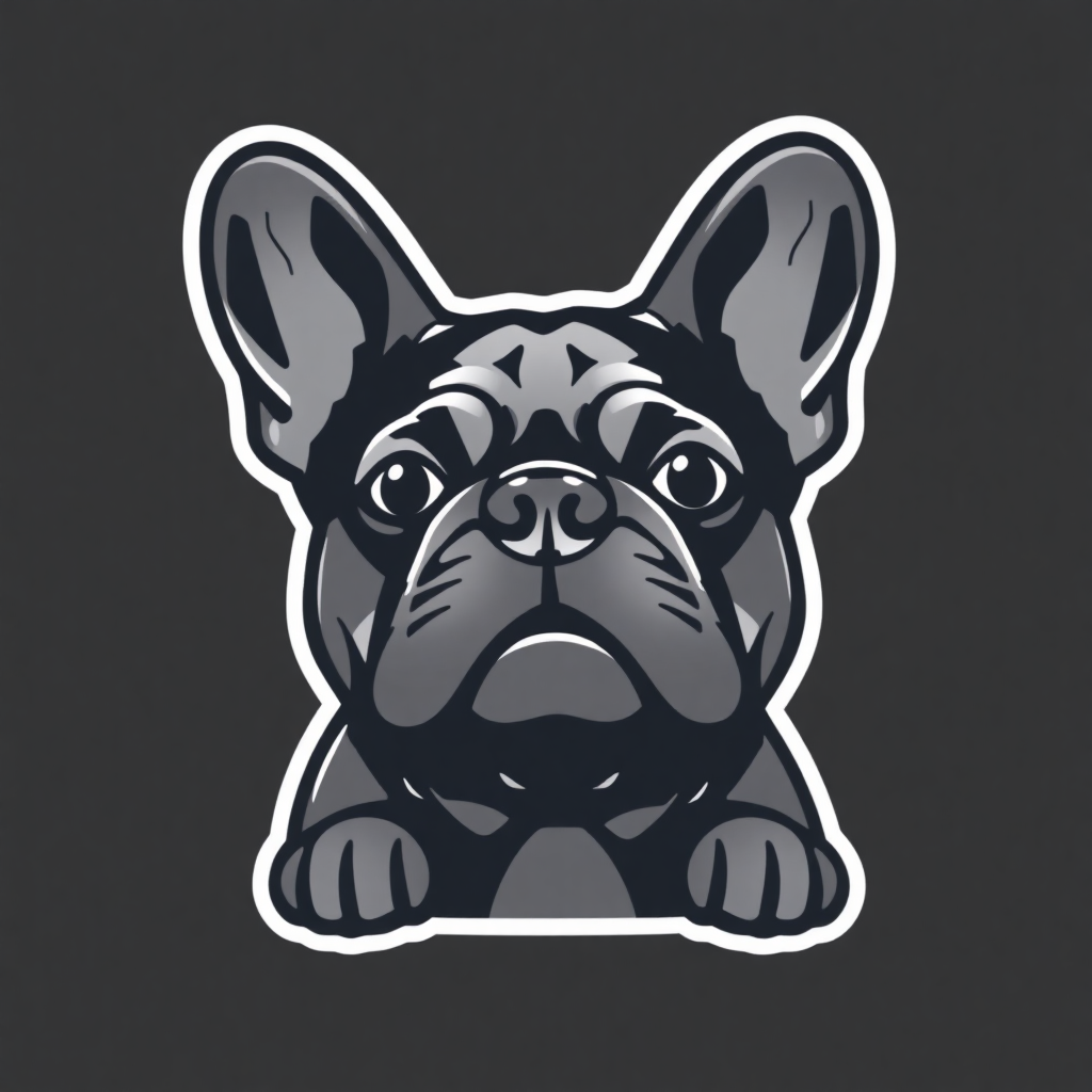 The image is a black and white illustration of a French Bulldog's face. The dog's head is facing towards the left side of the image and its ears are pointed upwards. Its eyes are large and round, and its nose is small and pointed. Its mouth is slightly open, as if it is looking directly at the viewer. The background is plain black, making the dog's features stand out. The illustration is simple and minimalistic, with no additional details or shading.