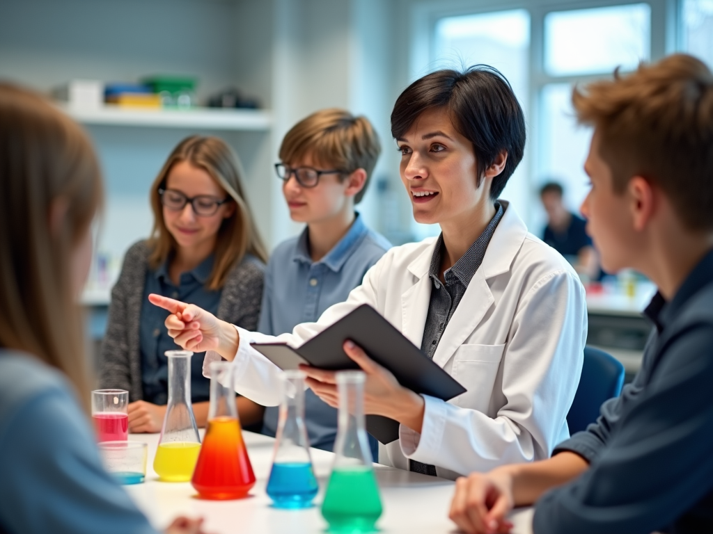 In a science laboratory setting, a teacher in a lab coat holds a clipboard and explains the experiment to the students gathered around. Lab equipment, including beakers and Bunsen burners, are visible in the background.