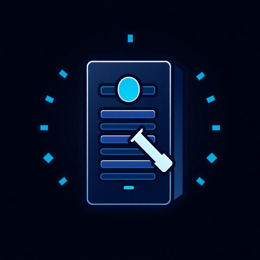 The image is a digital illustration of a mobile phone with a blue background. The phone is in the center of the image and is surrounded by a circle of small blue dots. On the screen of the phone, there is a blue icon of a person's profile picture and a white pointer pointing towards it. The background is black, and the overall design is simple and minimalistic.