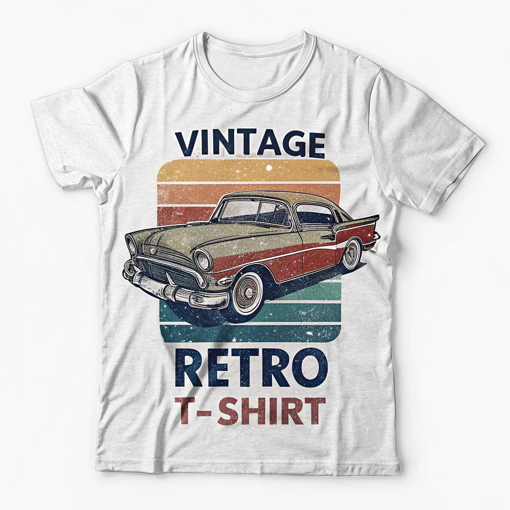 The image is of a white t-shirt with a graphic design on the front. The design features a vintage car in the center, with the words Vintage Retro T-Shirt written above it in a retro font. The car is a red and white checkered pattern, with a black roof and chrome accents. The background of the design is a gradient of orange, yellow, and blue, with horizontal stripes of different colors. The overall design has a vintage feel to it.