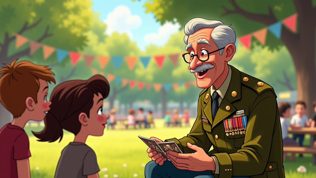 A touching scene of a veteran showing medals and photos from his military service to interested children in a sunny park. A small group forms around, awed by the stories of bravery and camaraderie. The grassy field stretches around with playful picnickers and a patriotic banner hanging between trees.