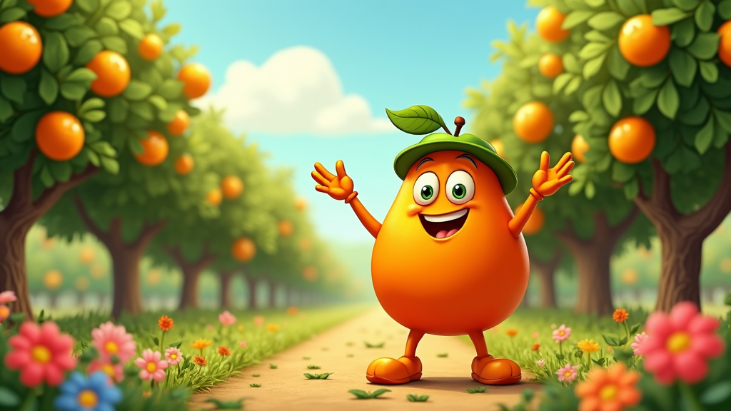  a cartoon orange character standing in an orange grove. The character has a big smile on its face and is wearing a green hat with a leaf on top. It has two arms and two legs, and its hands are raised in the air as if it is waving. The grove is filled with rows of orange trees, and there are pink and blue flowers scattered throughout. The sky is blue with white clouds. The overall mood of the image is cheerful and playful.