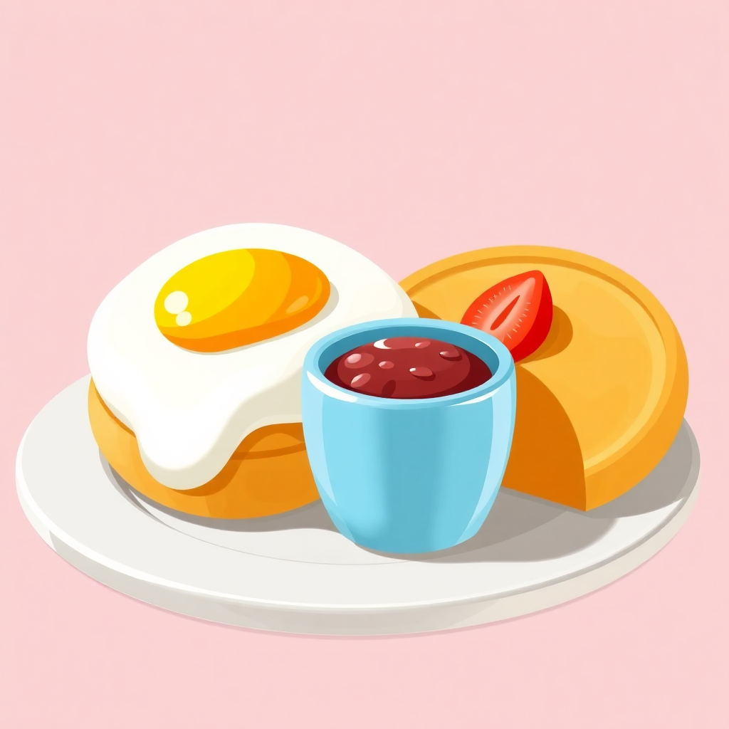 The image is an illustration of a breakfast meal. On the left side of the image, there is a white plate with a fried egg on top of a stack of pancakes. The pancakes are golden brown and appear to be freshly cooked. Next to the pancakes, there are two slices of strawberry and a small blue cup of jam. The background is a light pink color. The overall style of the illustration is flat and cartoon-like.