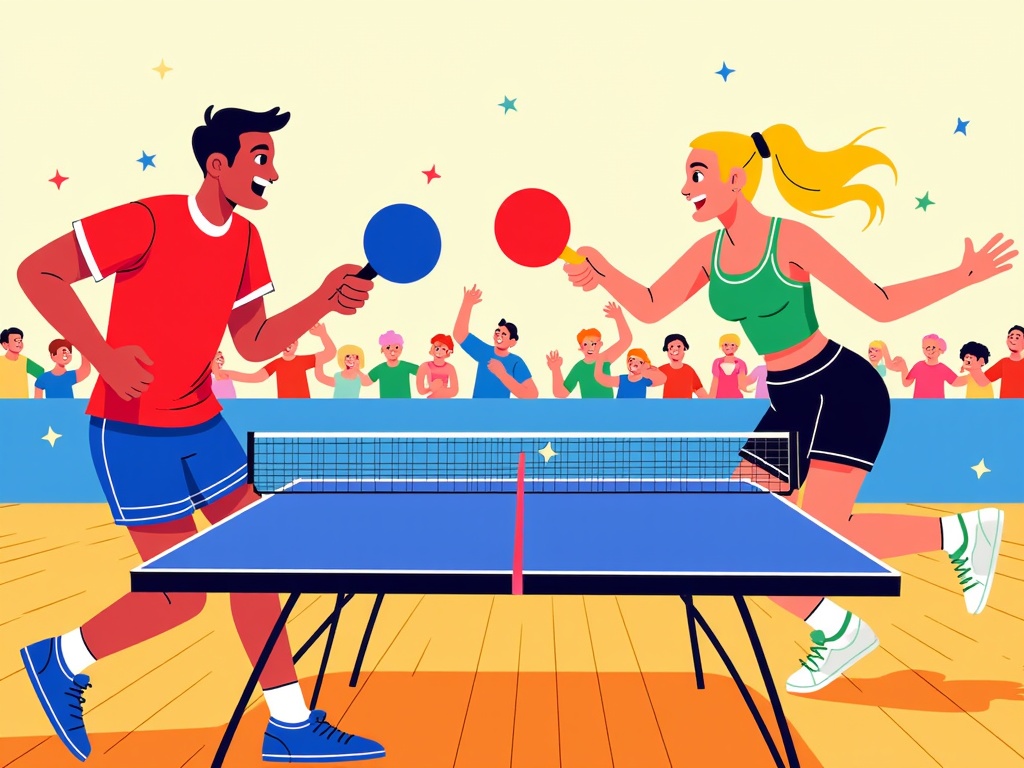  a man and a woman playing table tennis. The man is on the left side of the image, wearing a red t-shirt and blue shorts, and is holding a blue ping pong paddle in his right hand. He is standing in front of the table tennis table, which is blue and has a net in the middle. The woman is wearing a green tank top and black shorts, with blonde hair tied up in a ponytail. She is also holding a red paddle in her left hand and is in the process of hitting the ball. In the background, there is a crowd of people cheering and waving their hands in the air. The scene appears to be taking place in a large room with wooden flooring and a blue wall.