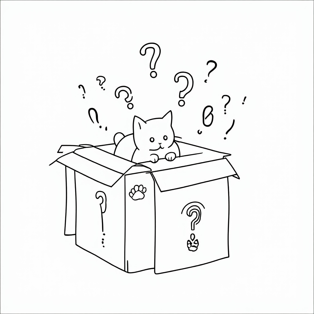 A coloring page featuring a stylized, closed 'Mystery Box' decorated with question marks and atomic symbols. Quantum wave patterns emanate from the box. A faint outline of a cat can be seen inside, or perhaps a paw print on the box itself.