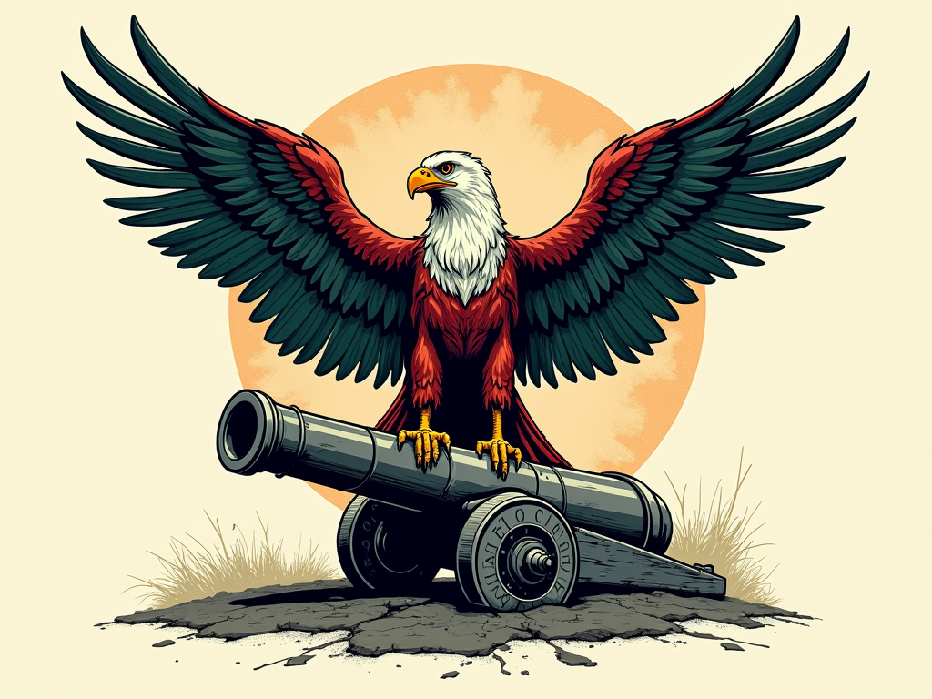 Sub-design 3: Symbolic Eagle on Cannon - A T-shirt design illustrating a Mexican eagle defiantly perched on a broken cannon, symbolizing victory over the French, captioned 'Cinco de Mayo - Victoria Inesperada' (Unexpected Victory).