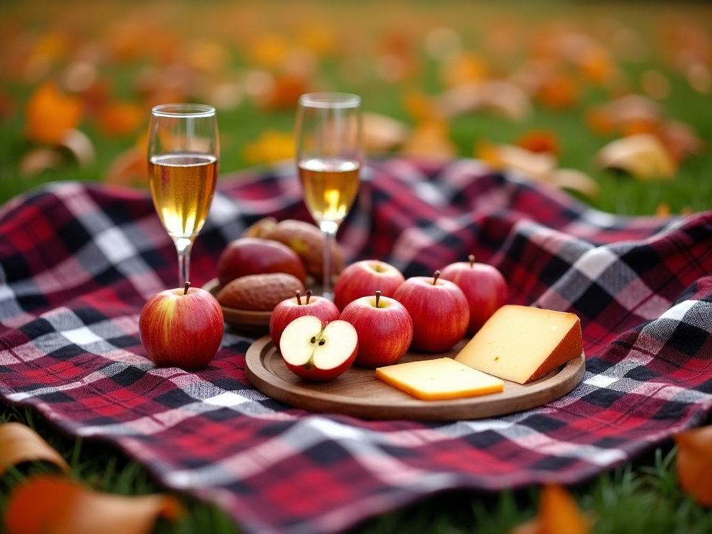 A cozy plaid blanket spread on the grass holds a picnic of apples, cheese, and cider, surrounded by the brilliant hues of fall.