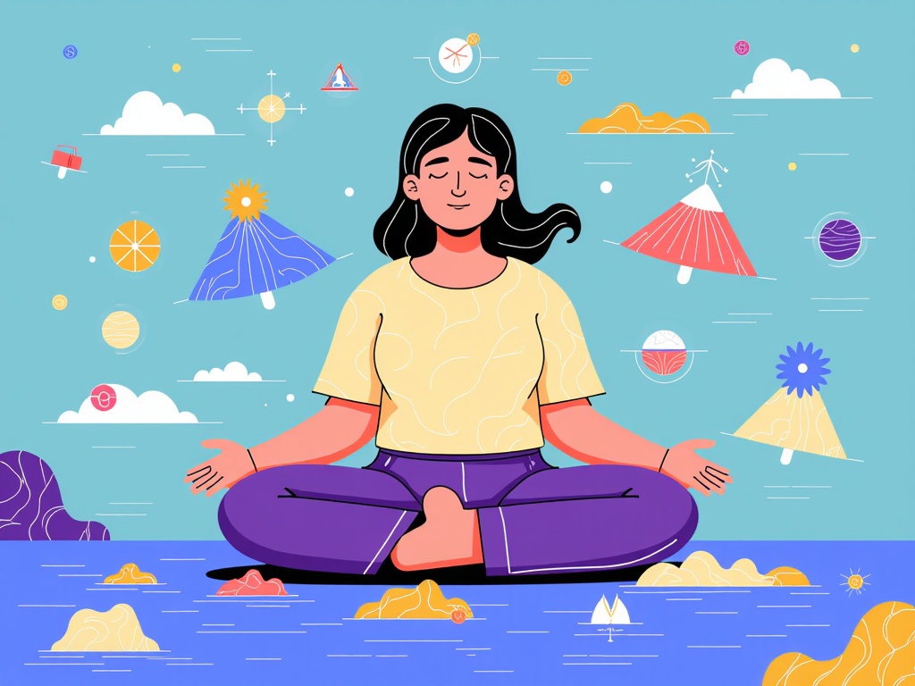 An AI-powered 'digital sanctuary' or personalized mind-space. The illustration shows a person in a calm, meditative state, surrounded by interactive, AI-generated visual environments tailored to their emotional needs, with helpful data visualizations of their wellness journey.
