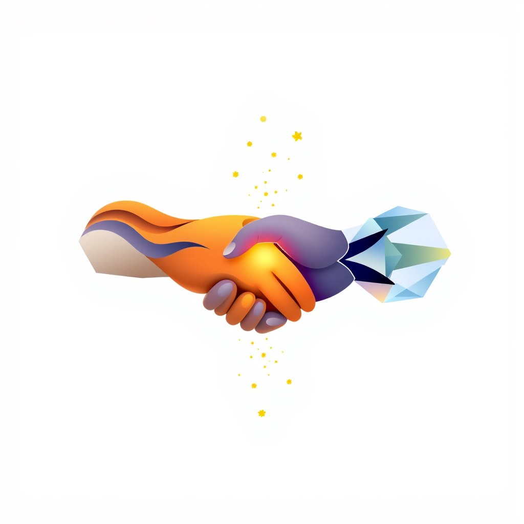 Sub-Design Idea 4 (Abstract Handshake): Two abstract forms, one fluid and wave-like (mind) and another angular and crystalline (machine), are shown merging or clasping. From their point of contact, new patterns or particles emanate, representing the generative act.