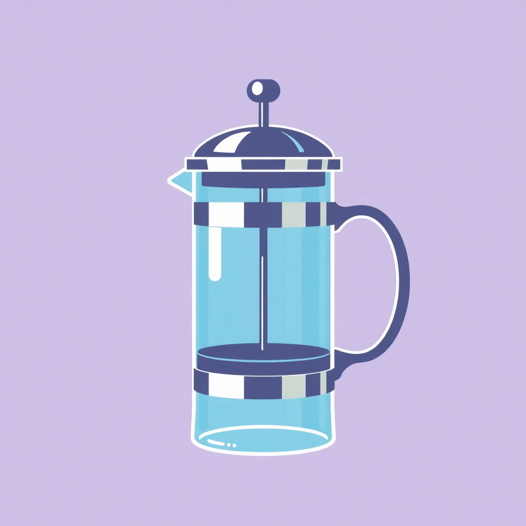 The image is an illustration of a French press coffee maker. It is a glass jar with a blue and white striped design on the front and a black handle on the right side. The jar has a lid with a handle on top and a spout on the left side. It appears to be made of glass and has a handle for pouring. The background is a light purple color. The overall design is simple and minimalistic.