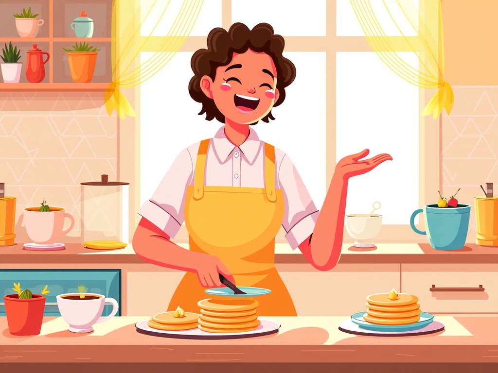  a young woman in a kitchen. She is wearing a yellow apron and has curly brown hair. She has a big smile on her face and is holding a plate with a stack of pancakes on it. The pancakes are golden brown and appear to be freshly made. There are two cups of coffee on the counter next to the plates. In the background, there is a window with yellow curtains and a shelf with potted plants. The overall color scheme of the image is bright and cheerful.