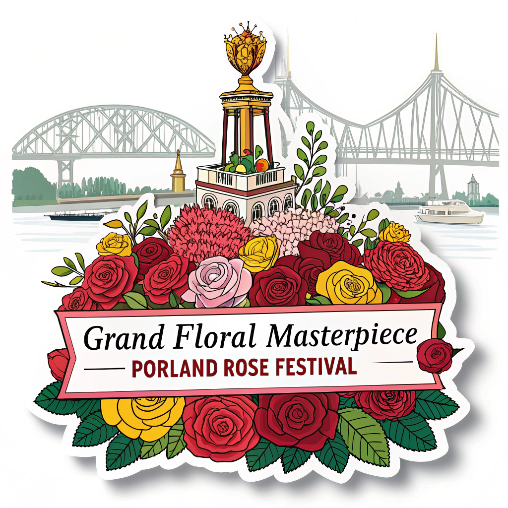 A detailed illustration of a majestic award-winning floral float covered in vibrant roses, with iconic Portland bridges subtly in the background. Text: 'Grand Floral Masterpiece - Portland Rose Festival'.