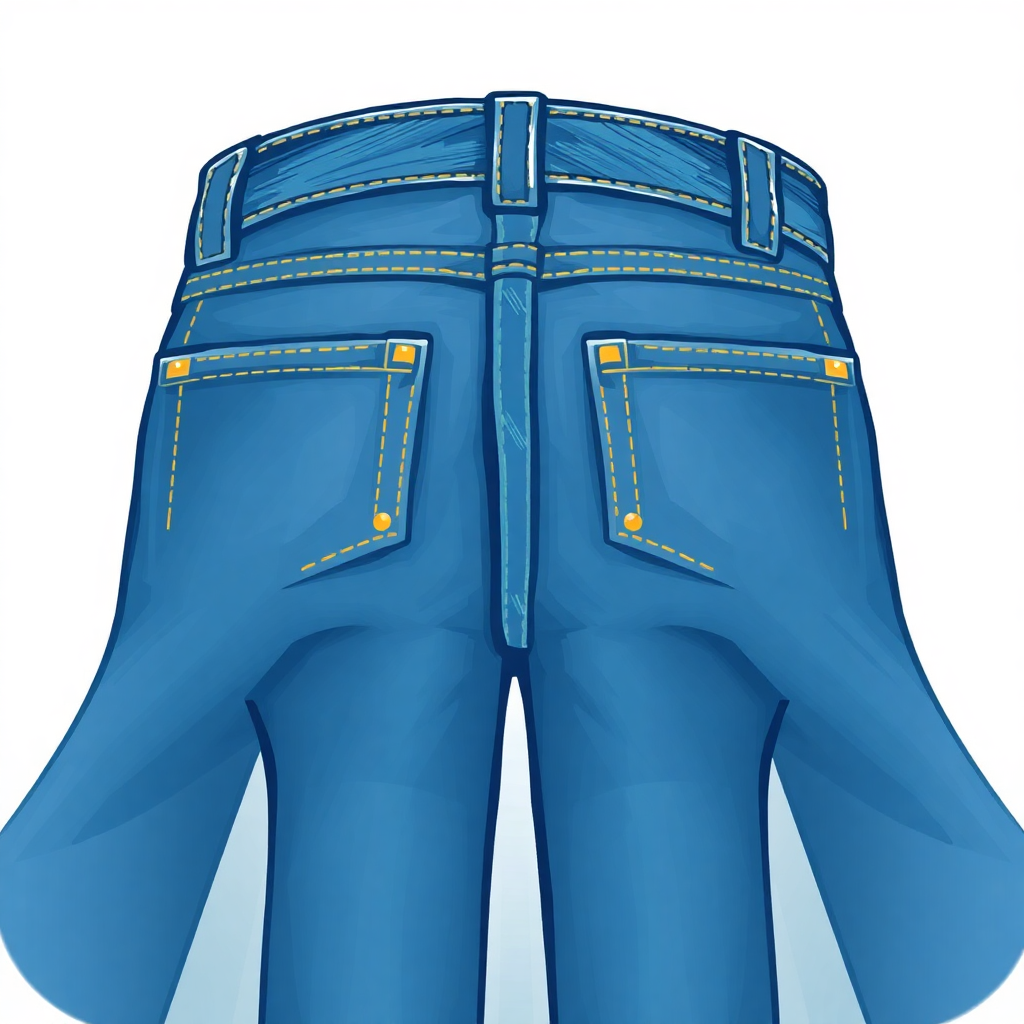 The image is a digital illustration of a pair of blue jeans. The jeans are shown from the waist down, with the back of the jeans facing towards the viewer. The waistband is visible at the top of the image, with a belt looped around it. There are two pockets on either side of the waistband, each with a yellow zipper. The pockets are slightly open, revealing the blue denim fabric. The background is white, making the blue jeans stand out.