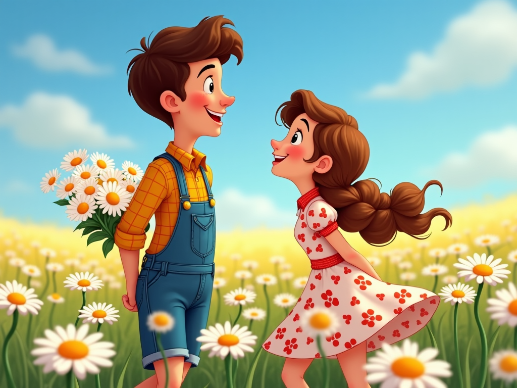 A cartoon couple in a field of daisies, one partner sneaking up to surprise the other with freshly picked flowers.