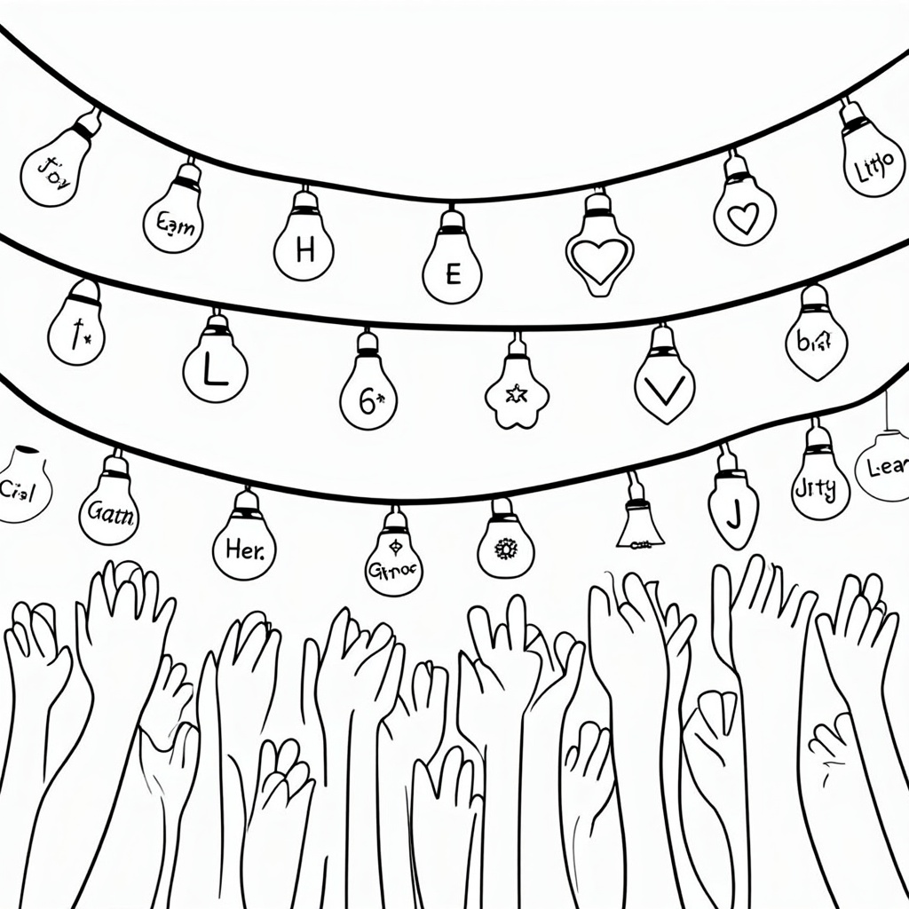 Chain of Brightness: A festive string of lights, each bulb a unique design (classic bulb, vintage lantern, star, heart). Diverse student hands reach up to hold or support these lights, with a teacher's hands initiating the string or guiding. Each bulb can feature a single positive word like 'Hope,' 'Joy,' 'Learn,' 'Guide'.