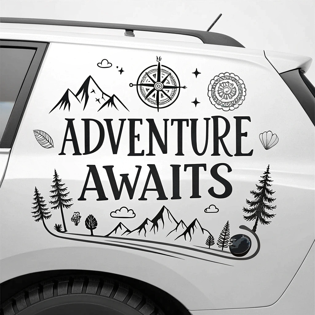 A car decal with an inspirational quote about travel and adventure.