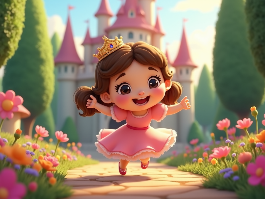 A cute, chibi-style princess with a disproportionately large head and small body. She has a tiny, sparkly tiara perched on her head, and a simple, puffy dress. Her pose is playful and dynamic.