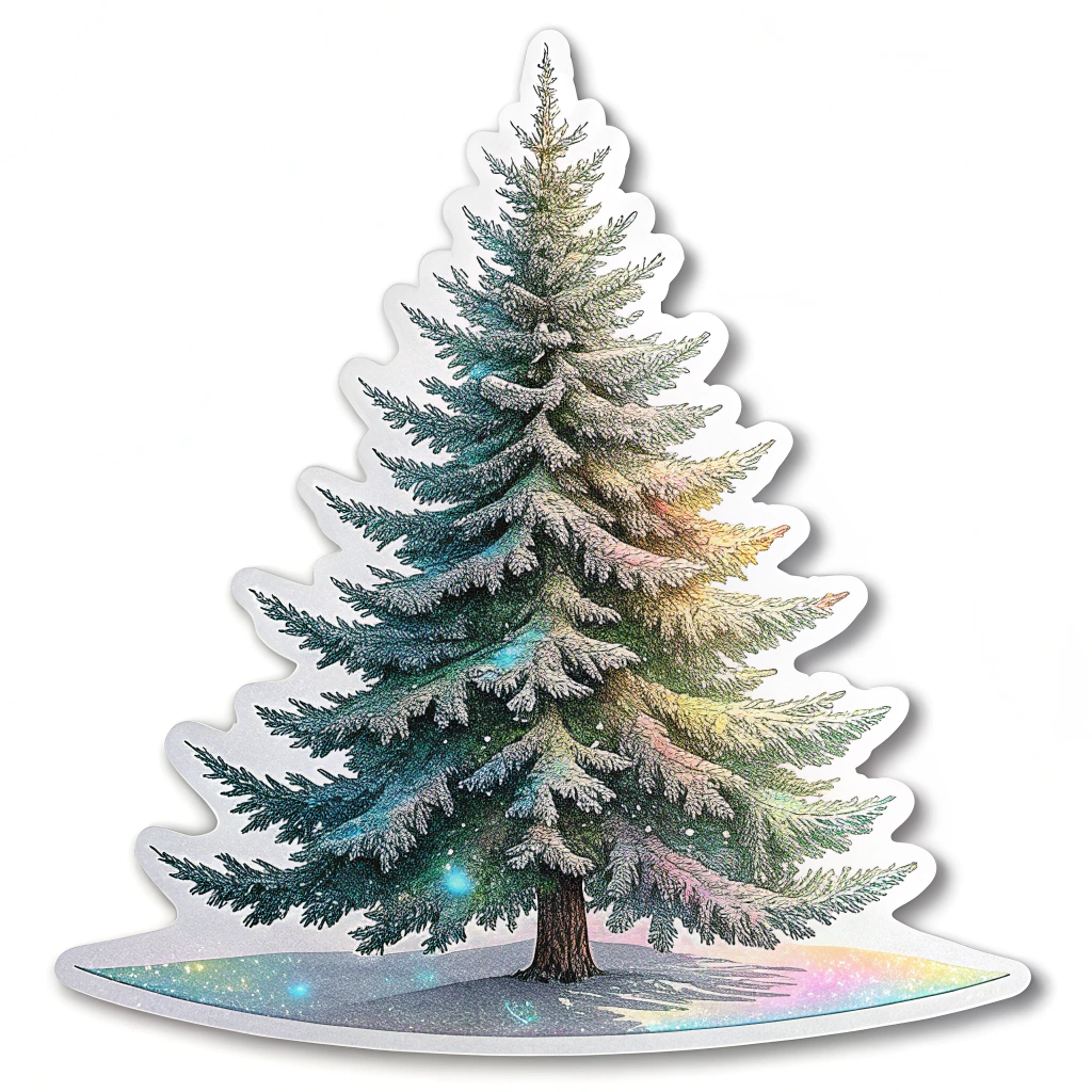 A 3D effect Christmas tree sticker with layered holographic materials, making it appear multi-dimensional with a realistic shadow when viewed at different angles.