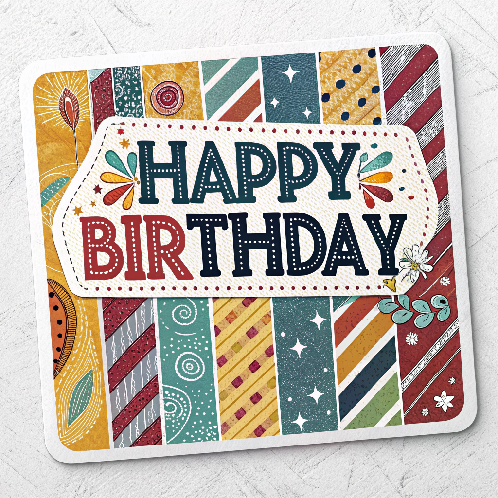 A rectangular sticker with the text 'Happy Birthday' in bold letters, overlaid on a background of colorful stripes or patterns.