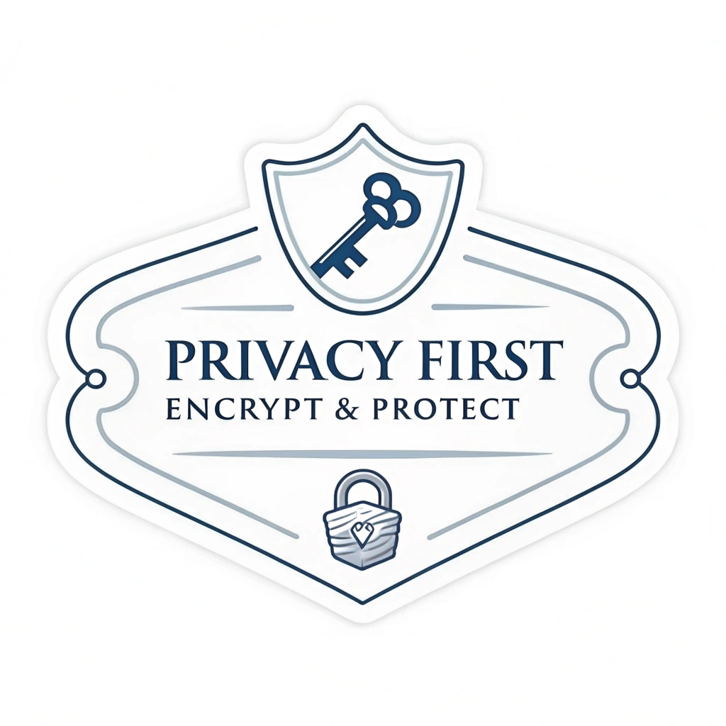 Simple Logo Idea: The words 'Privacy First' in a clear, strong sans-serif font. Positioned above or beside it, a simple, refined icon combining a shield and a key. The overall aesthetic is authoritative yet accessible. Tagline: 'Encrypt & Protect.'
