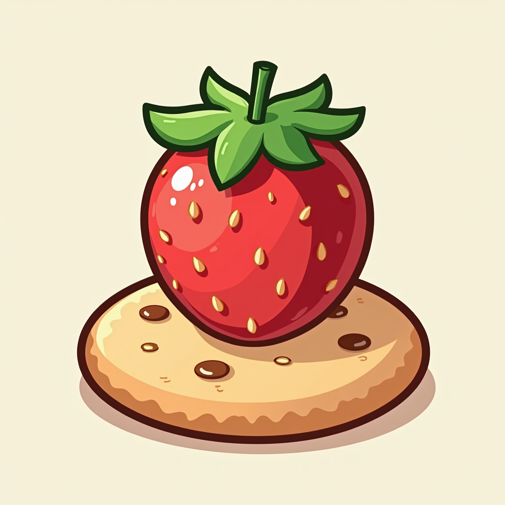 A cookie icon featuring a simplified, cartoon-style strawberry with seeds, placed on top of a tan circle representing the cookie base. The strawberry should be a vibrant red with a green leafy top, maintaining a playful look suitable for vegan branding.