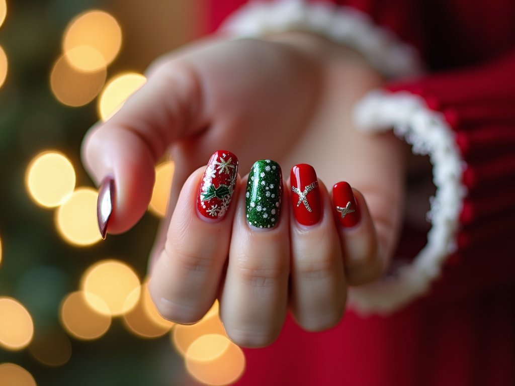  a close-up of a person's hand with their fingers slightly spread apart. The nails are painted with a festive design, featuring red and green nail polish with white snowflakes and stars. The background is blurred, but it appears to be a Christmas tree with lights, suggesting that the person is wearing a red sweater and a white bracelet. The overall mood of the image is cheerful and festive.